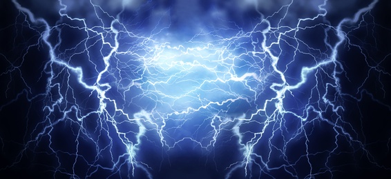 Illustration of Flash of lightning on dark background, banner design. Thunderstorm