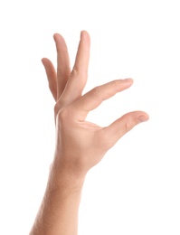 Man holding something in hand on white background, closeup