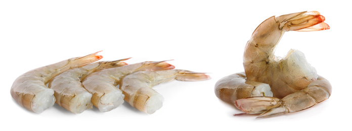 Image of Set of fresh raw shrimps on white background