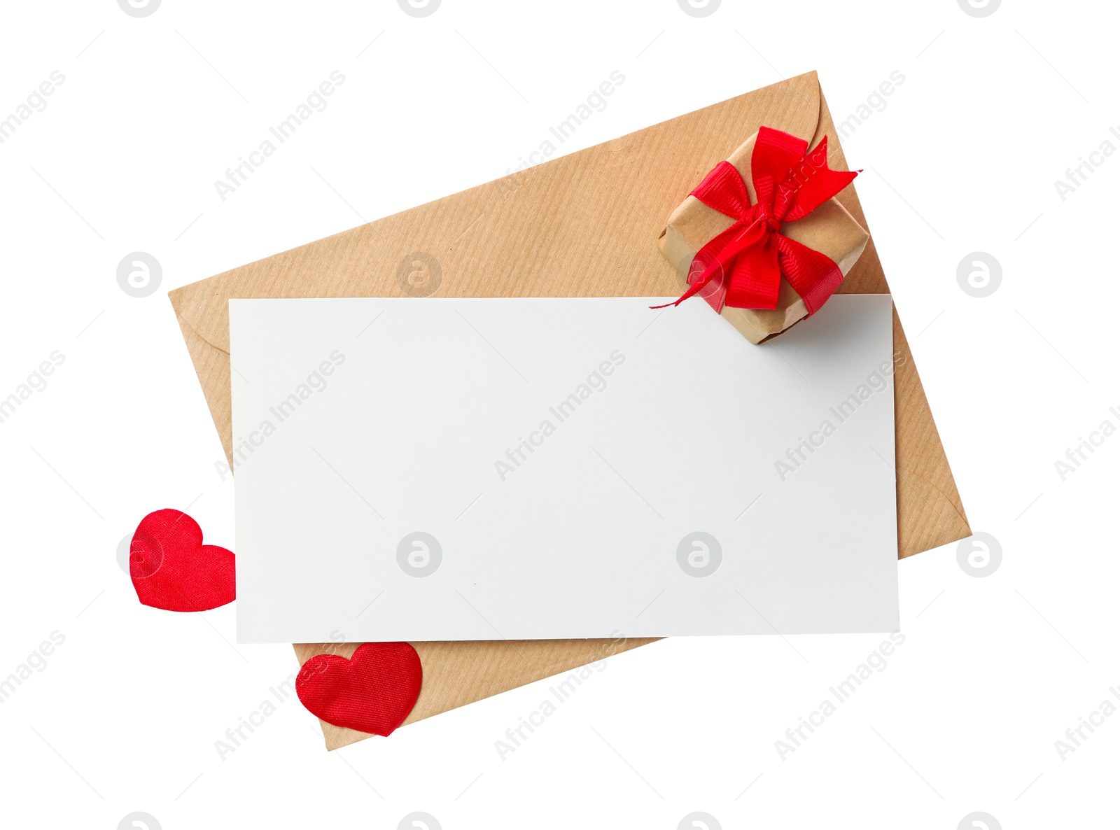 Photo of Blank card, envelope and gift box on white background, top view. Valentine's Day celebration