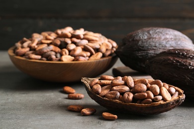 Photo of Cocoa pods and beans on grey table