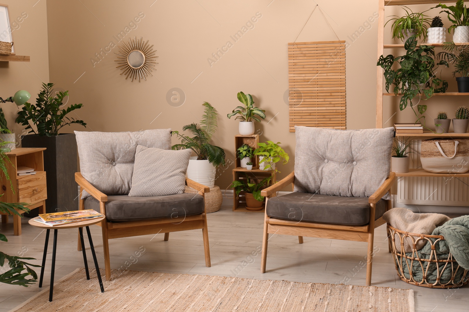 Photo of Lounge area interior with comfortable armchairs and beautiful houseplants