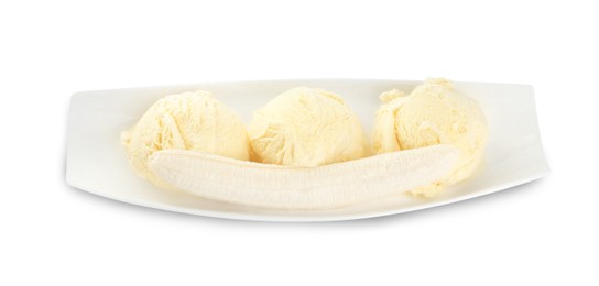 Photo of Delicious banana ice cream and fresh fruit isolated on white, above view