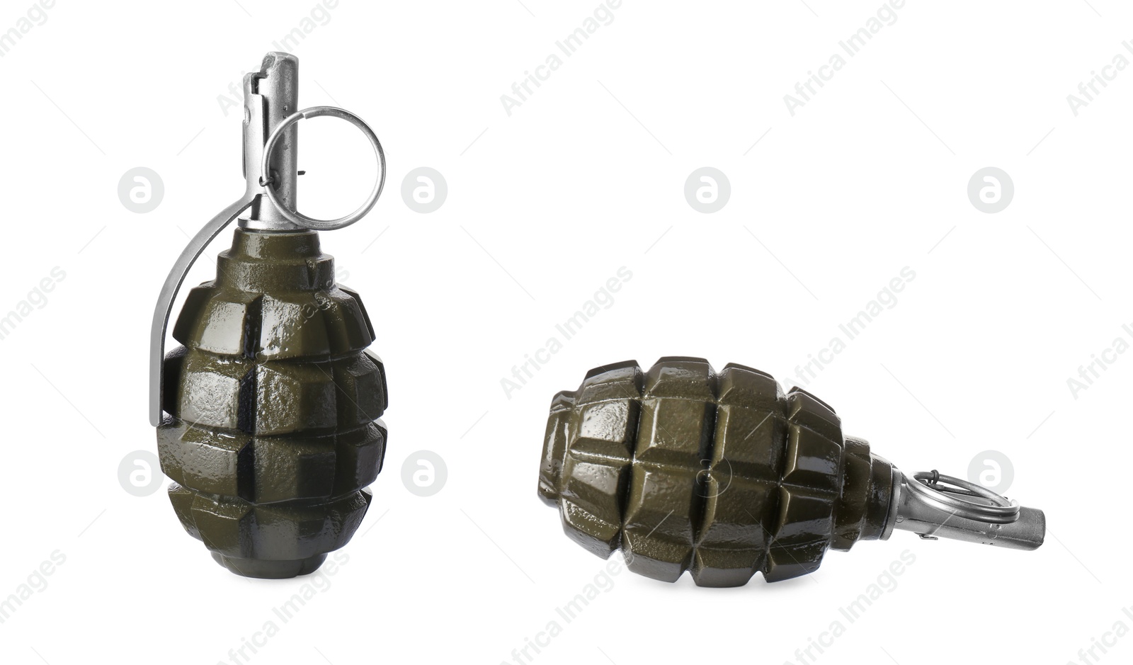 Image of Two hand grenades on white background, collage