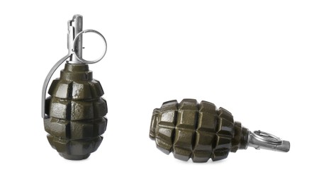 Image of Two hand grenades on white background, collage