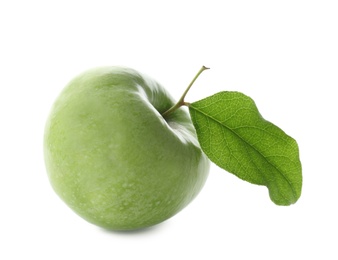 Photo of Fresh green apple with leaf on white background