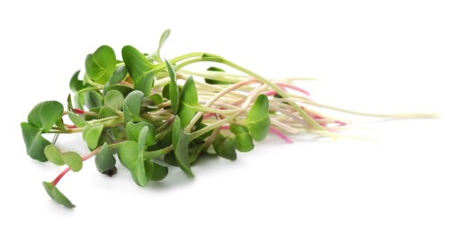 Photo of Heap of fresh radish microgreens on white background