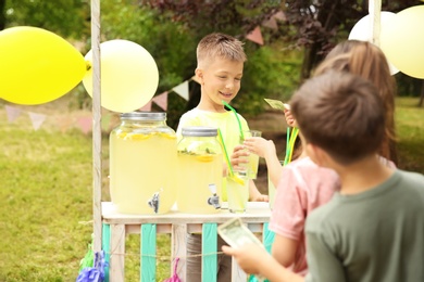 Little boy selling natural lemonade at stand in park