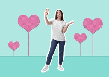 Image of Pop art poster. Beautiful young woman with having video chat via smartphone on light blue background with hearts, pin up style