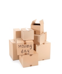 Photo of Cardboard boxes on white background. Moving day