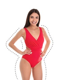 Young slim woman in swimsuit after weight loss on white background. Healthy diet