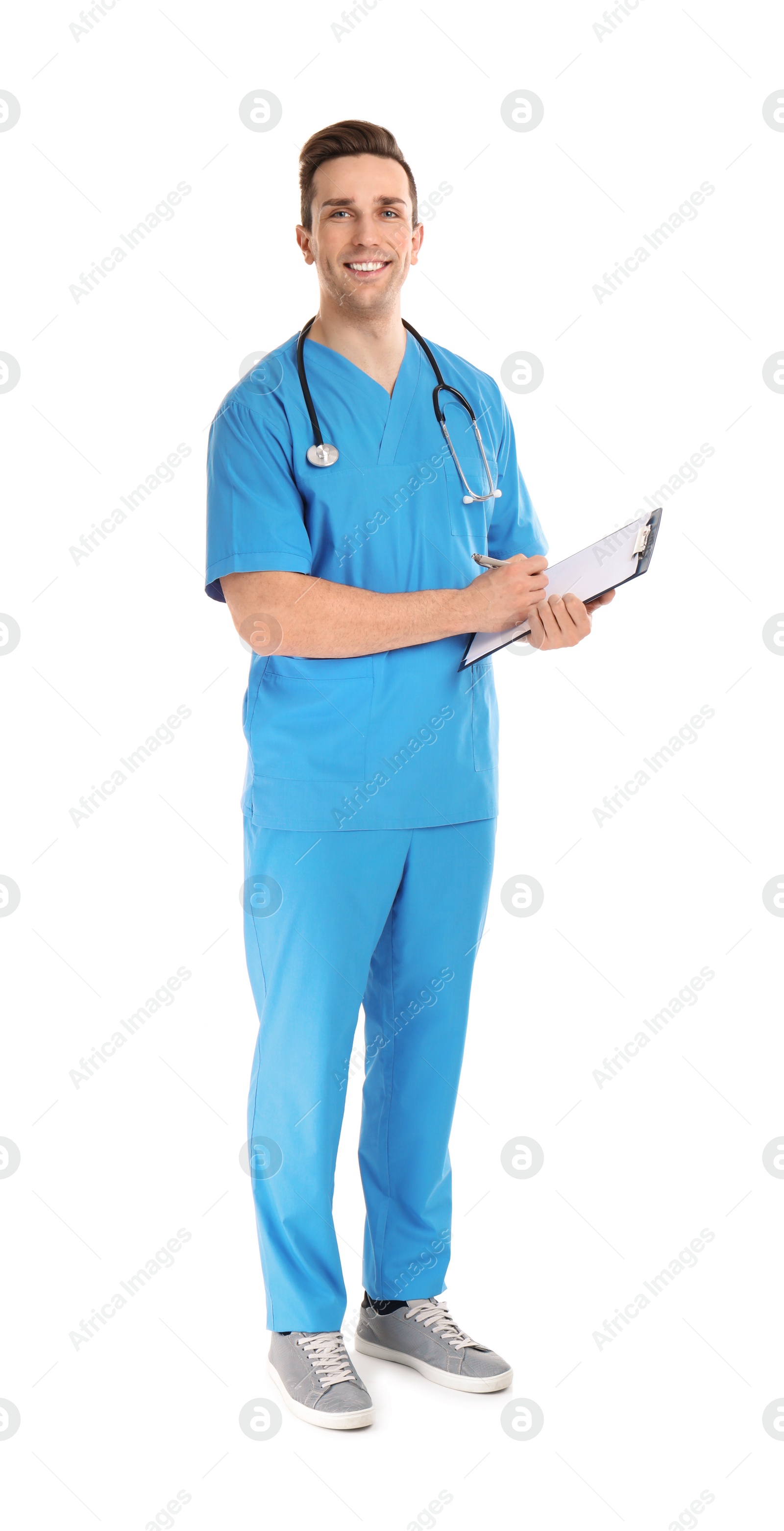 Photo of Full length portrait of medical assistant with stethoscope and clipboard on white background