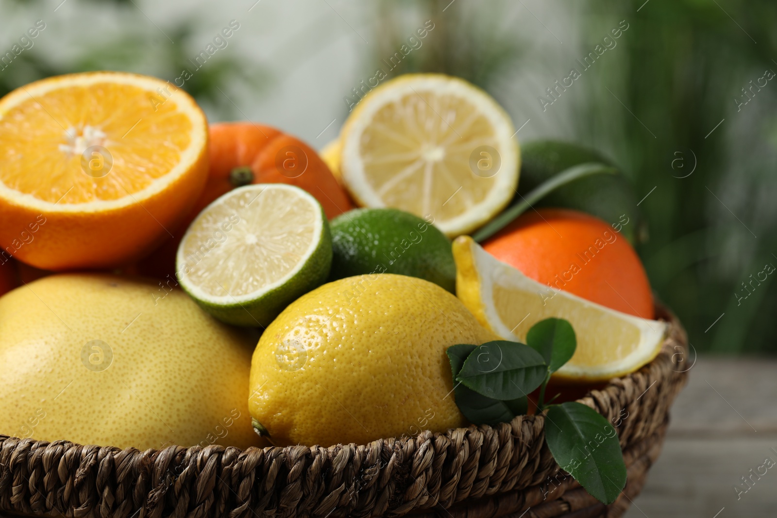 Photo of Different fresh citrus fruits and leaves in wicker basket against blurred background, closeup