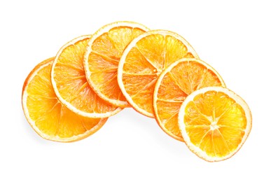 Photo of Delicious dry orange slices on white background, top view