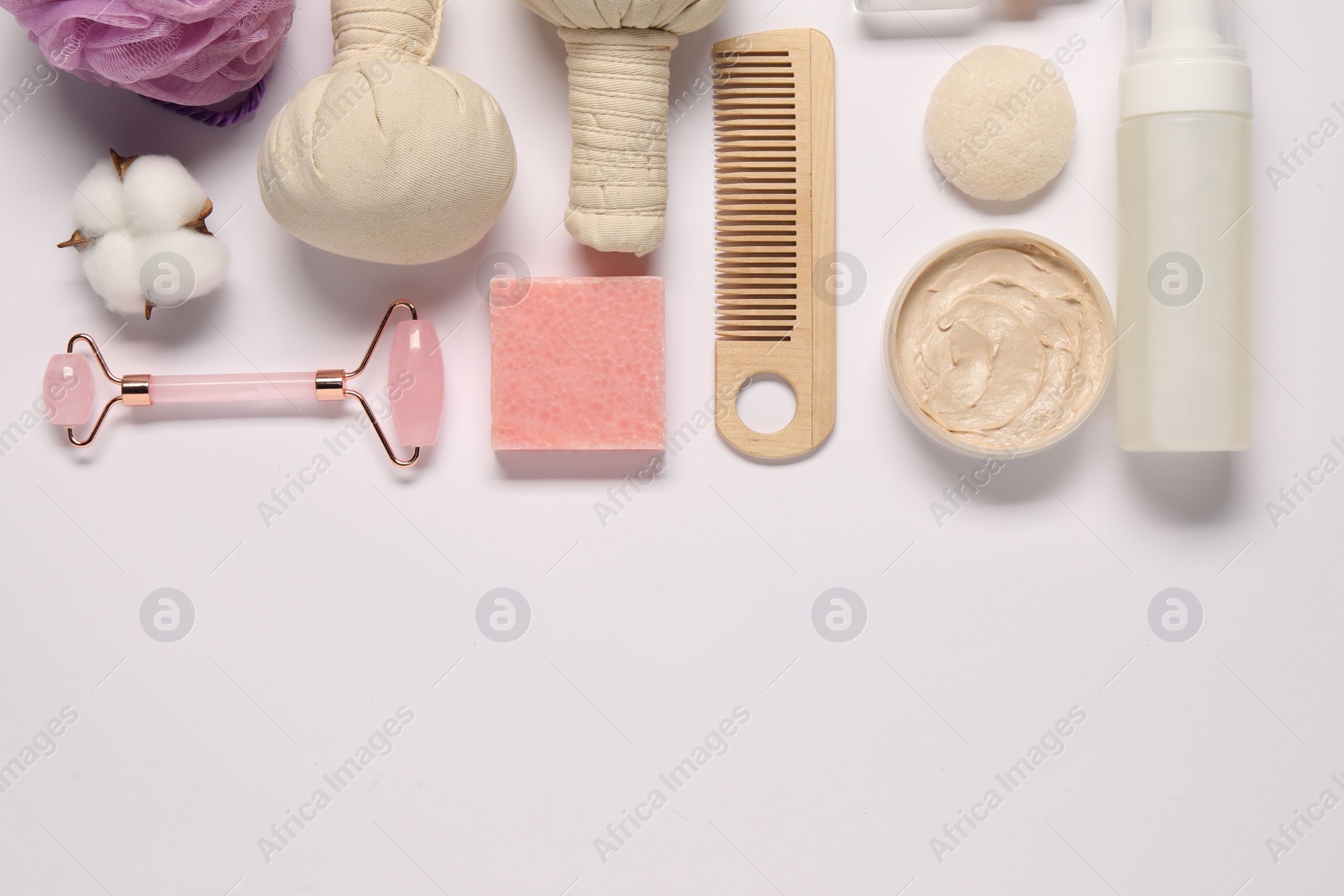 Photo of Bath accessories. Flat lay composition with personal care products on white background, space for text