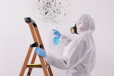 Woman in protective suit and rubber gloves using mold remover on wall