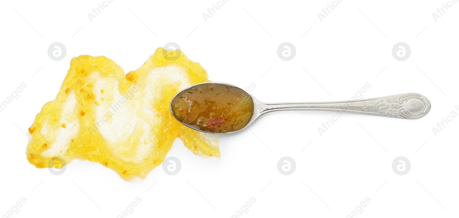 Photo of Spoon and delicious sweet jam isolated on white, top view