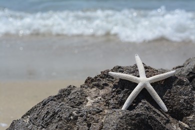 Beautiful starfish on black stone near sea, space for text