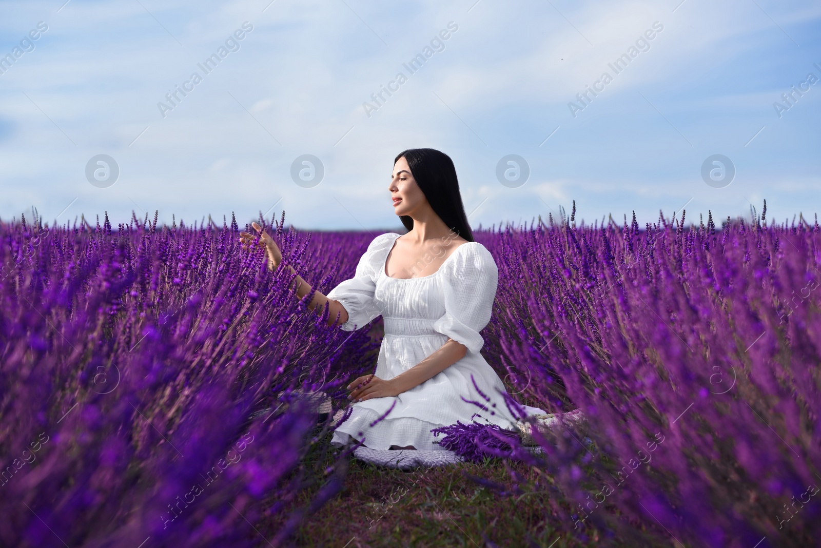 Photo of Beautiful young woman sitting in lavender field