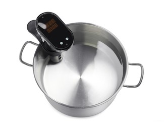 Photo of Thermal immersion circulator in pot isolated on white, above view. Sous vide cooker
