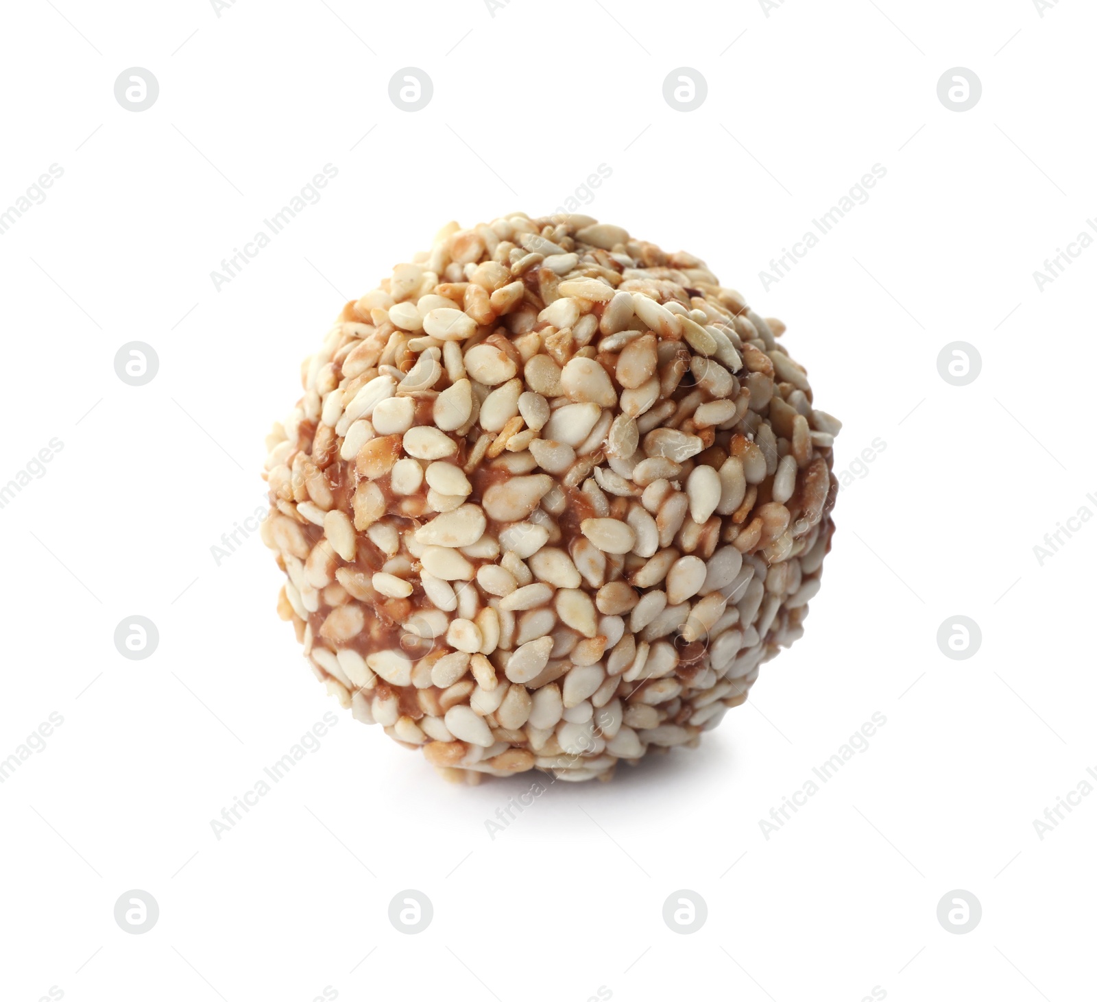 Photo of Delicious chocolate candy with sesame seeds isolated on white