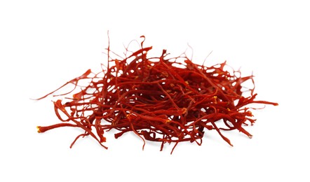 Photo of Pile of dried red saffron isolated on white