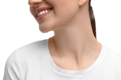 Photo of Beauty concept. Smiling woman on white background, closeup