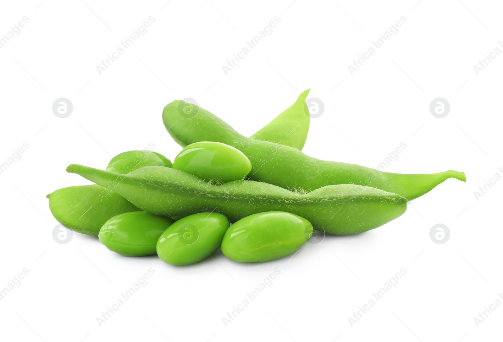 Photo of Fresh green edamame pods and beans on white background