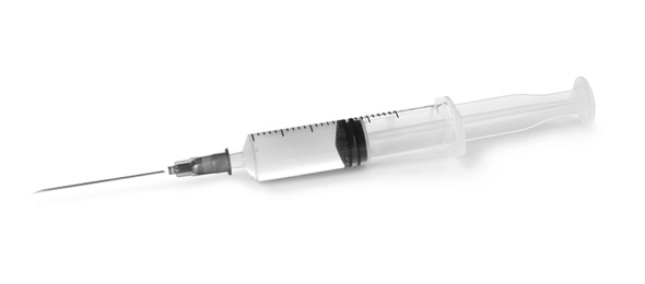 Photo of Plastic syringe with medicament on white background. Medical care