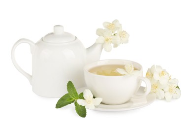 Aromatic herbal tea with mint and jasmine flowers isolated on white