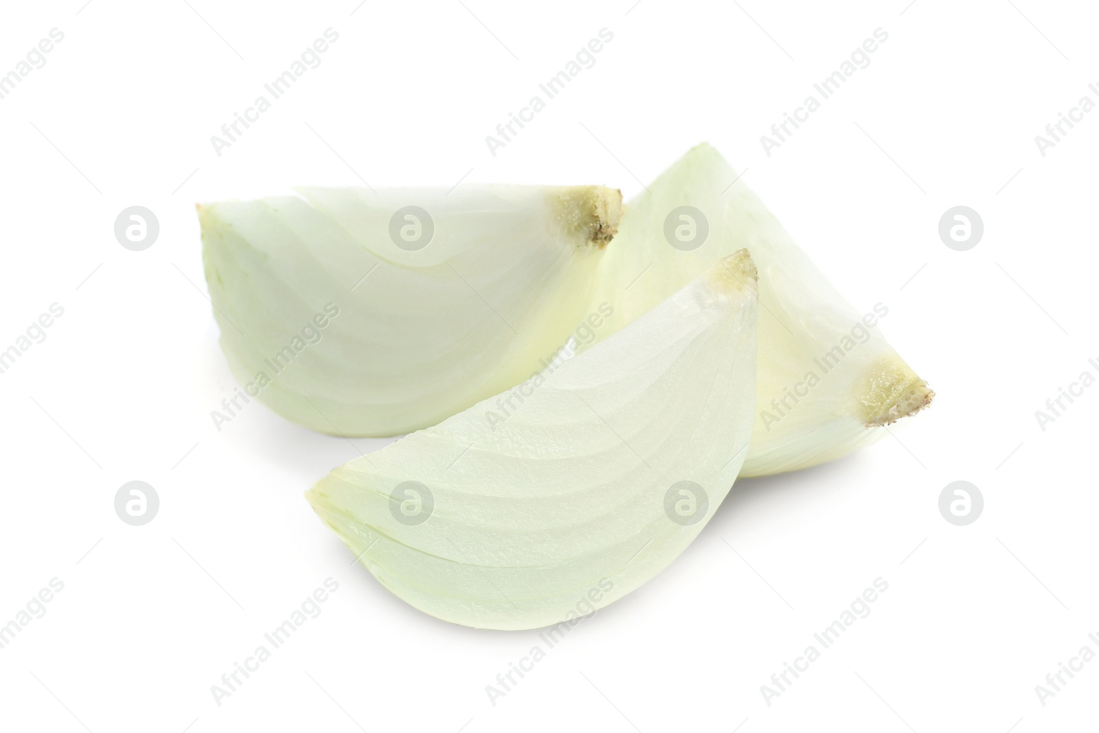 Photo of Slices of fresh ripe onion on white background