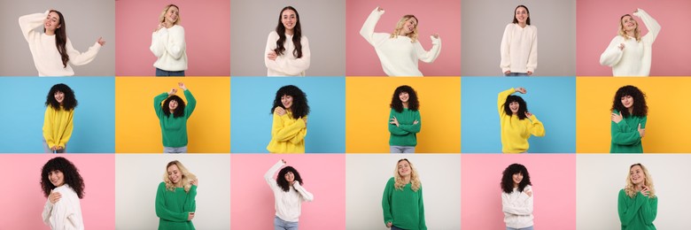 Image of Women in warm sweaters on color backgrounds, set of photos