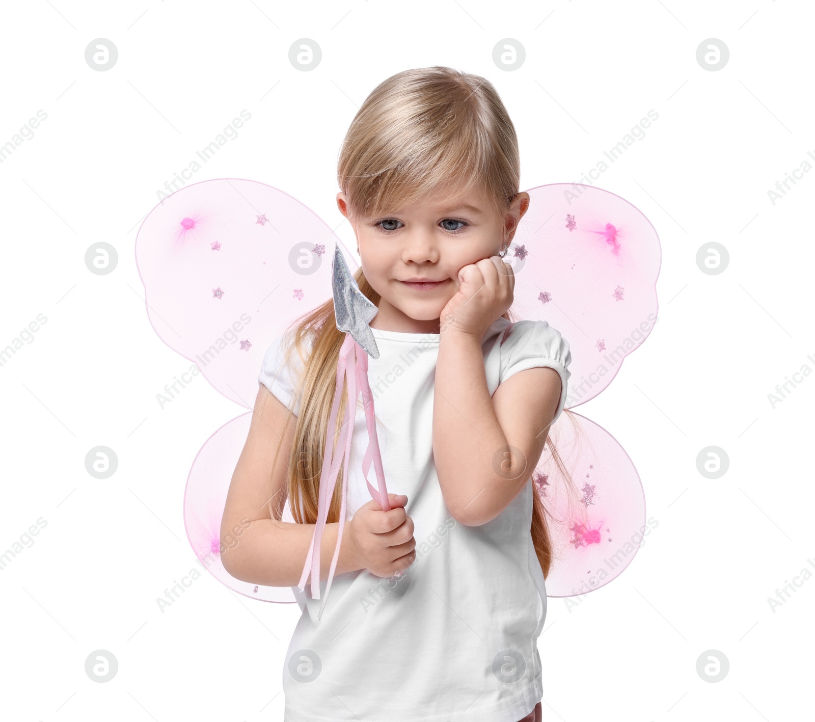 Photo of Cute little girl in fairy costume with pink wings and magic wand on white background