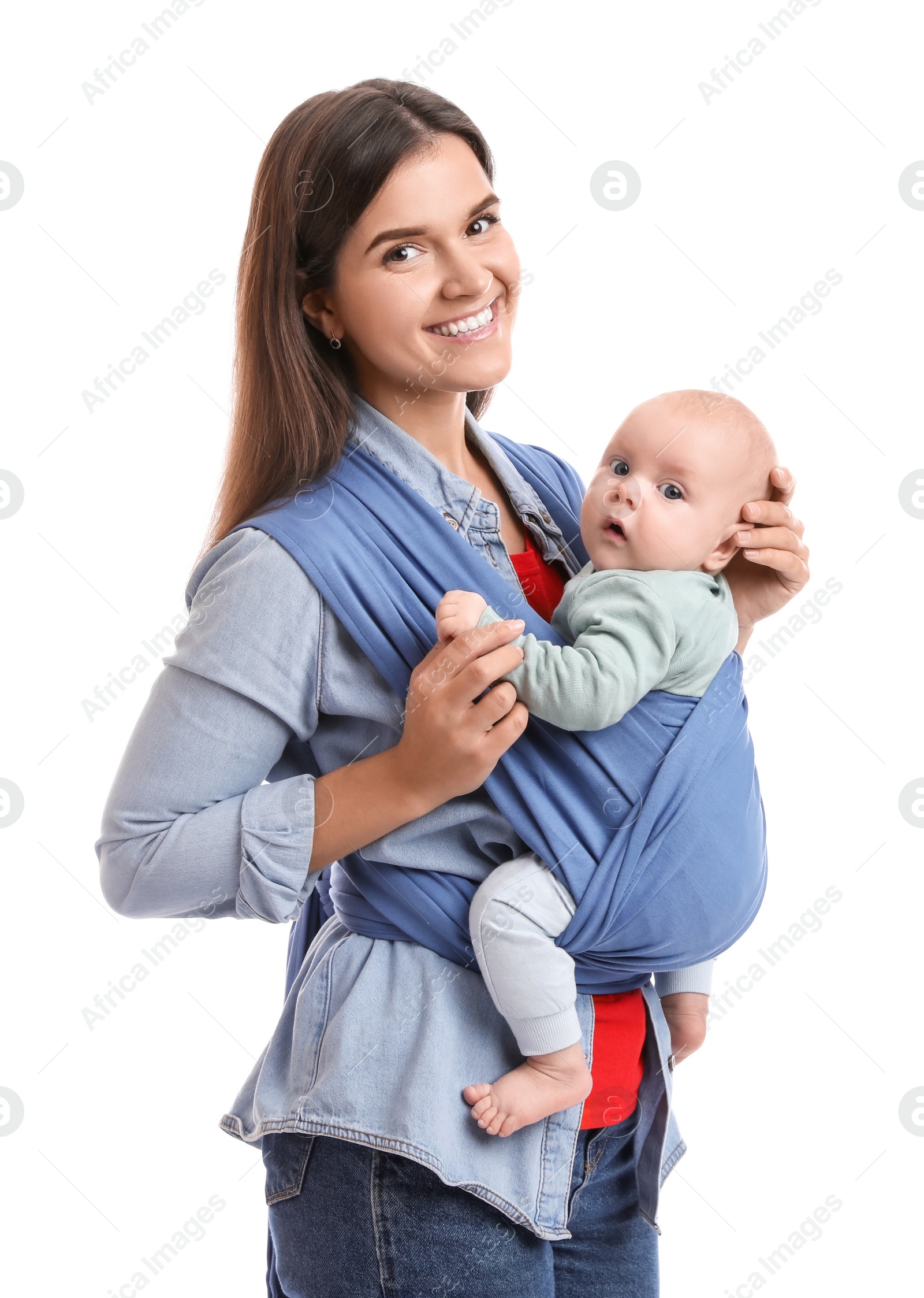 Photo of Mother holding her child in sling (baby carrier) on white background