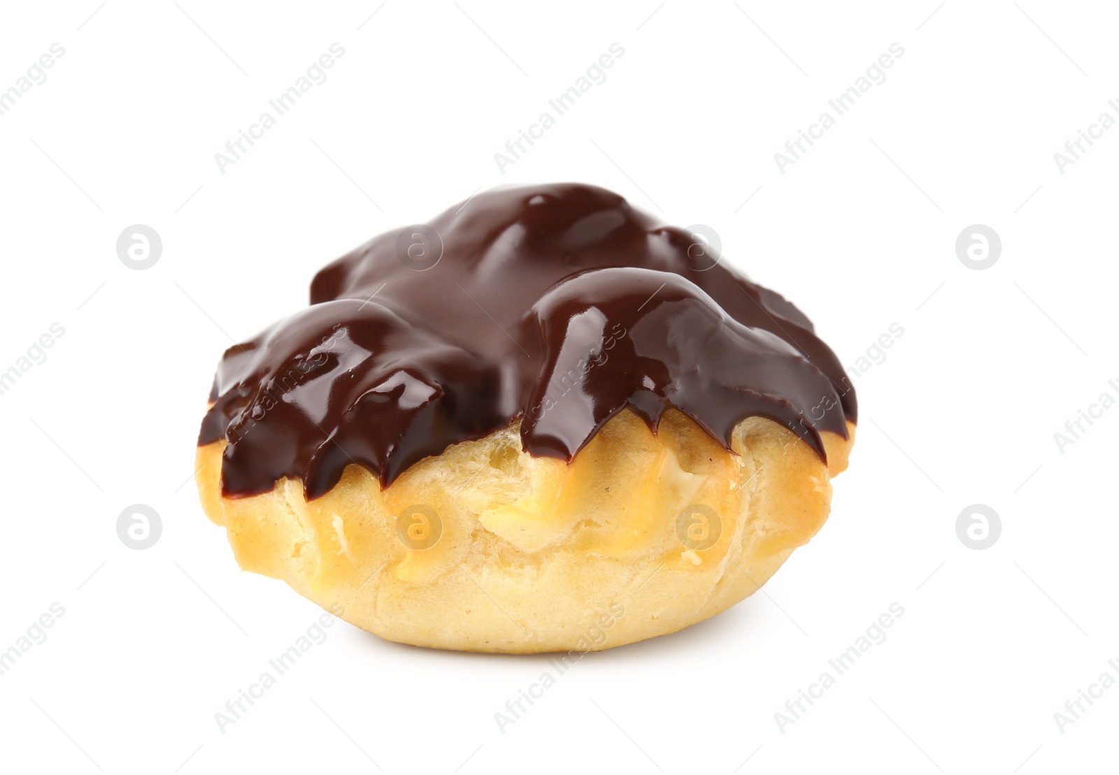 Photo of One delicious profiterole with chocolate spread isolated on white