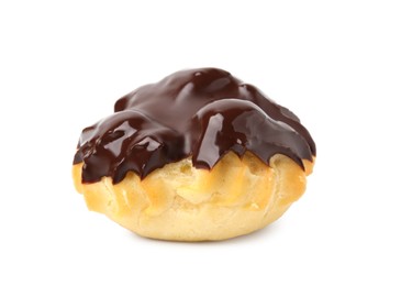 Photo of One delicious profiterole with chocolate spread isolated on white