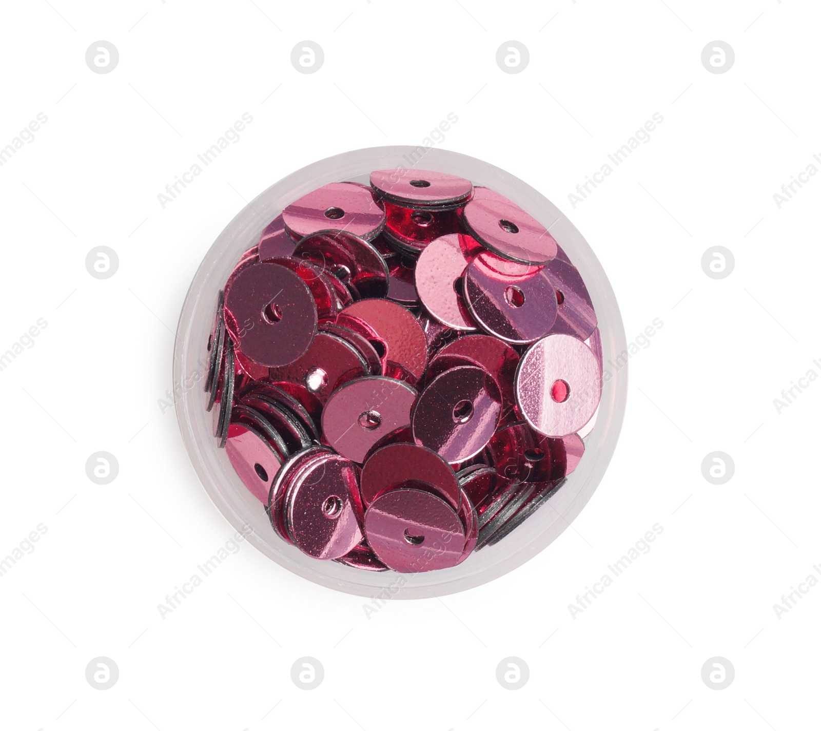 Photo of Pink sequins in container isolated on white, top view