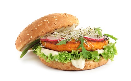 Photo of Tasty vegetarian burger with carrot cutlet on white background