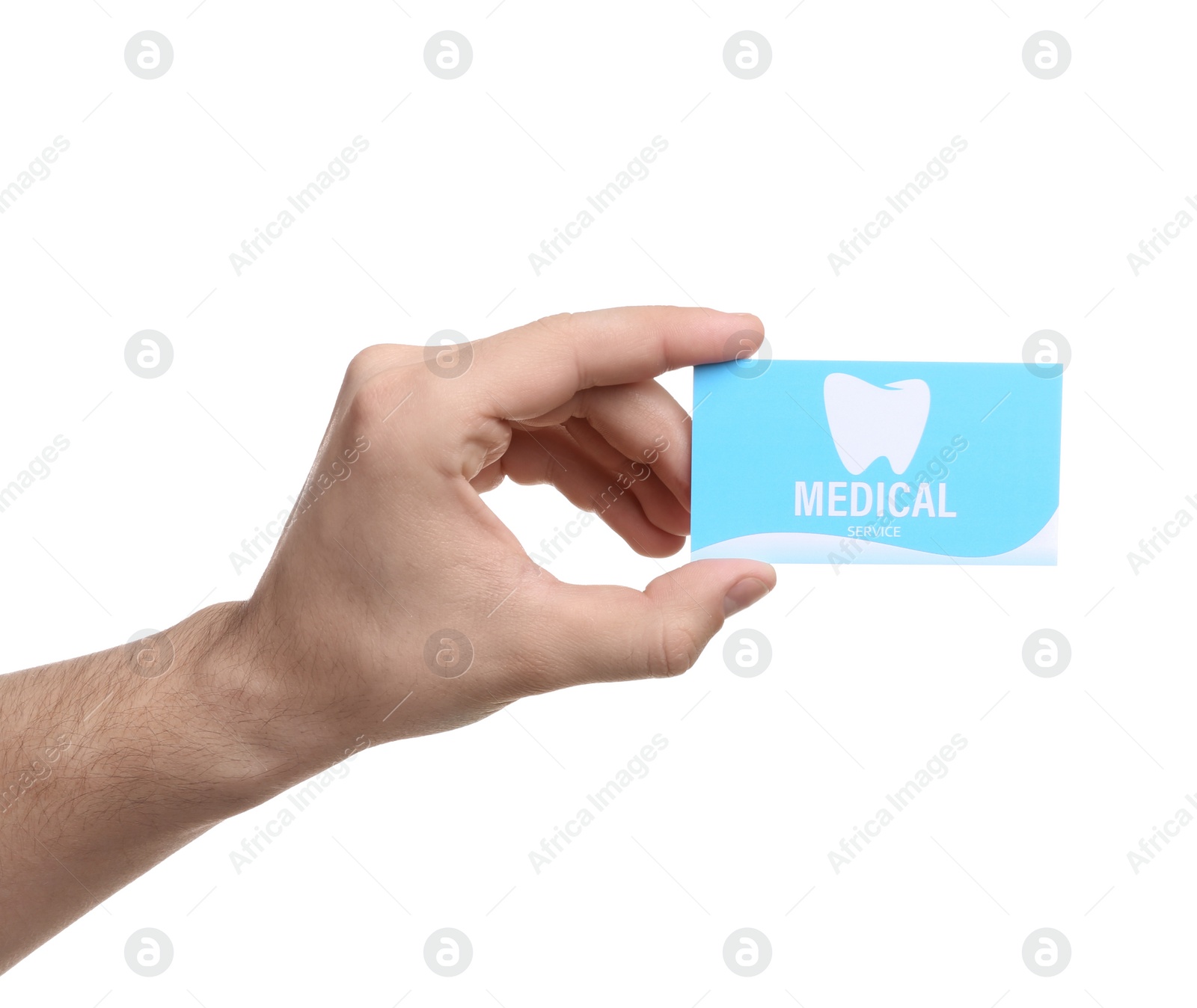 Photo of Man holding business card isolated on white, closeup. Dental medical service