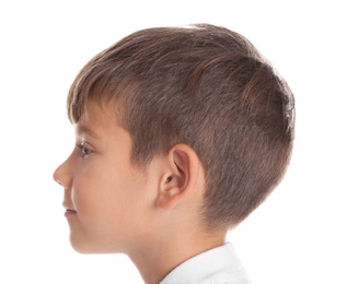 Cute little boy on white background, closeup. Hearing problem