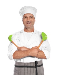 Photo of Mature male chef holding ladle and slotted spoon on white background