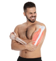 Man having elbow pain on white background. Digital compositing with illustration of arm bones