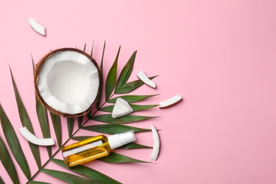 Flat lay composition with coconut oil on color background. Healthy cooking