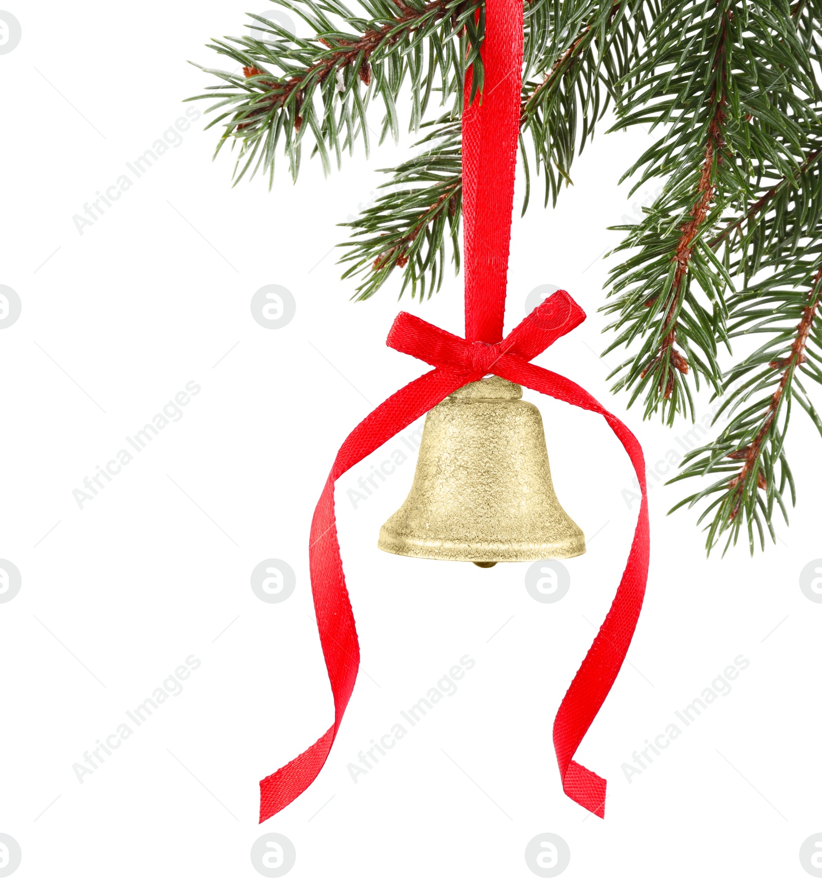 Photo of Christmas bell with red bow hanging on fir tree branch against white background