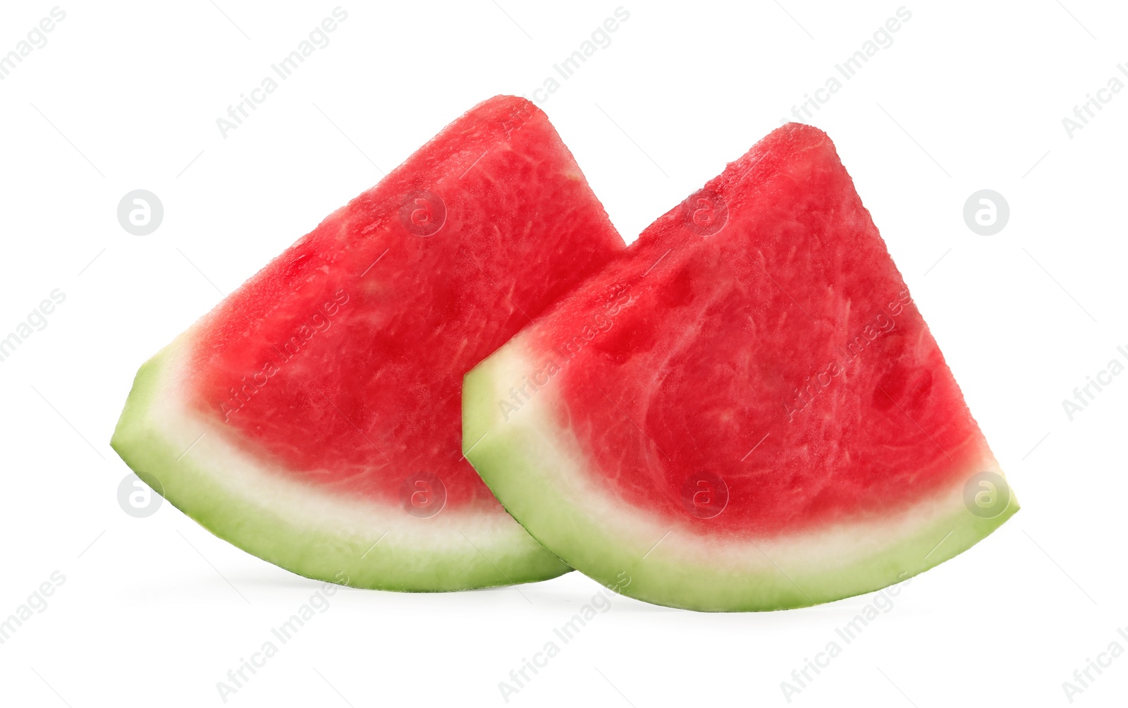 Image of Slices of delicious ripe seedless watermelon on white background 