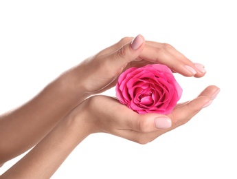 Woman holding rose on white background, closeup. Spa treatment