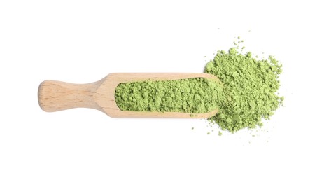 Photo of Scoop with matcha powder isolated on white, top view