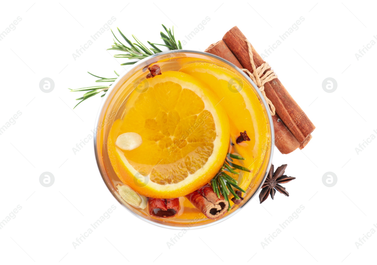 Photo of Composition with aromatic mulled wine on white background, top view