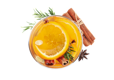 Composition with aromatic mulled wine on white background, top view