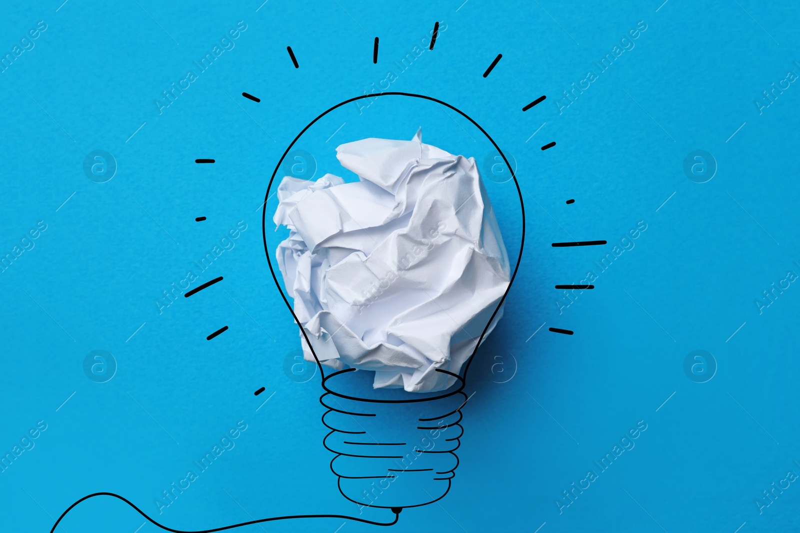 Image of Idea. Illustration of light bulb around crumpled paper ball on light blue background, top view